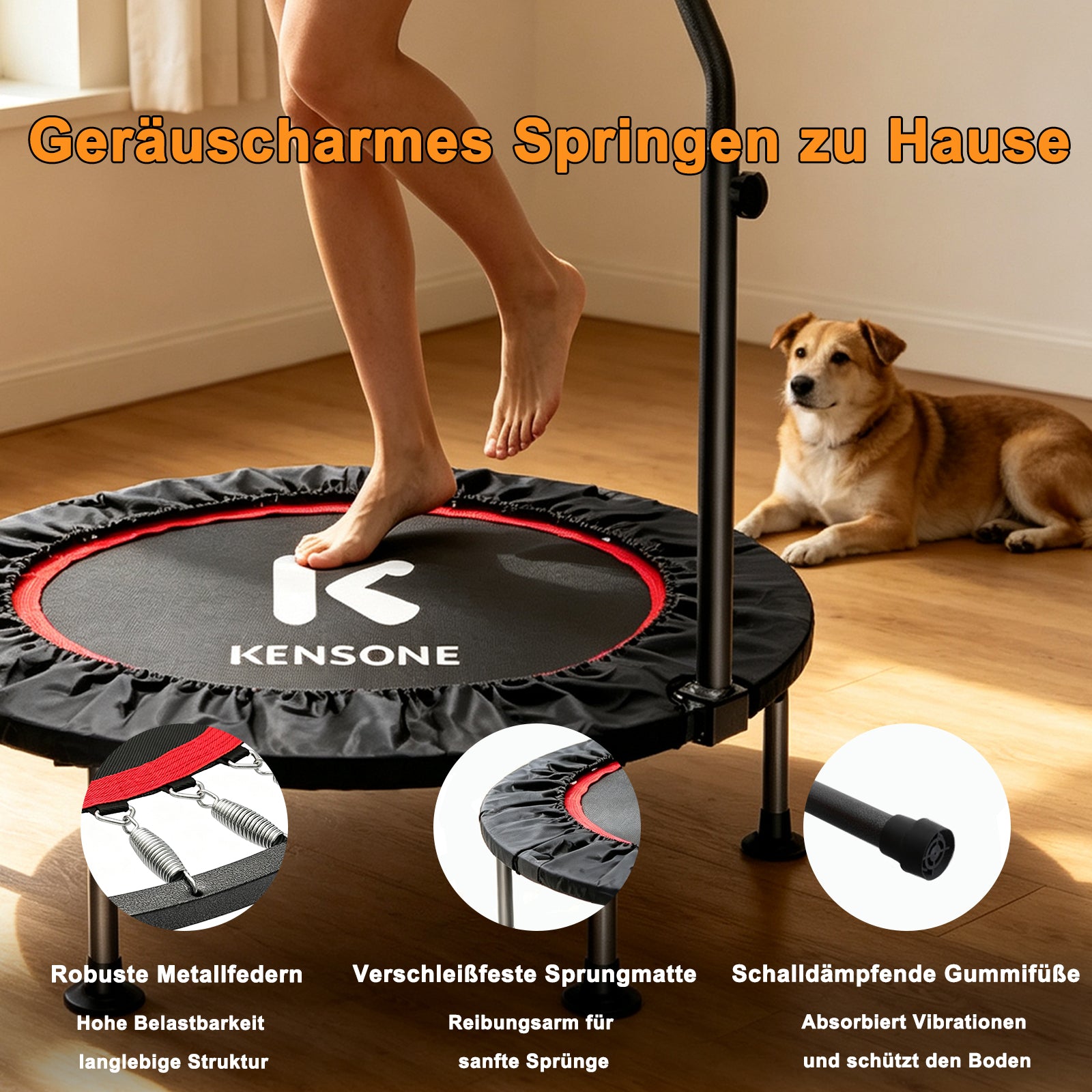 Foldable Mini Trampoline with Adjustable Handrail, 101.6 cm Fitness Trampoline