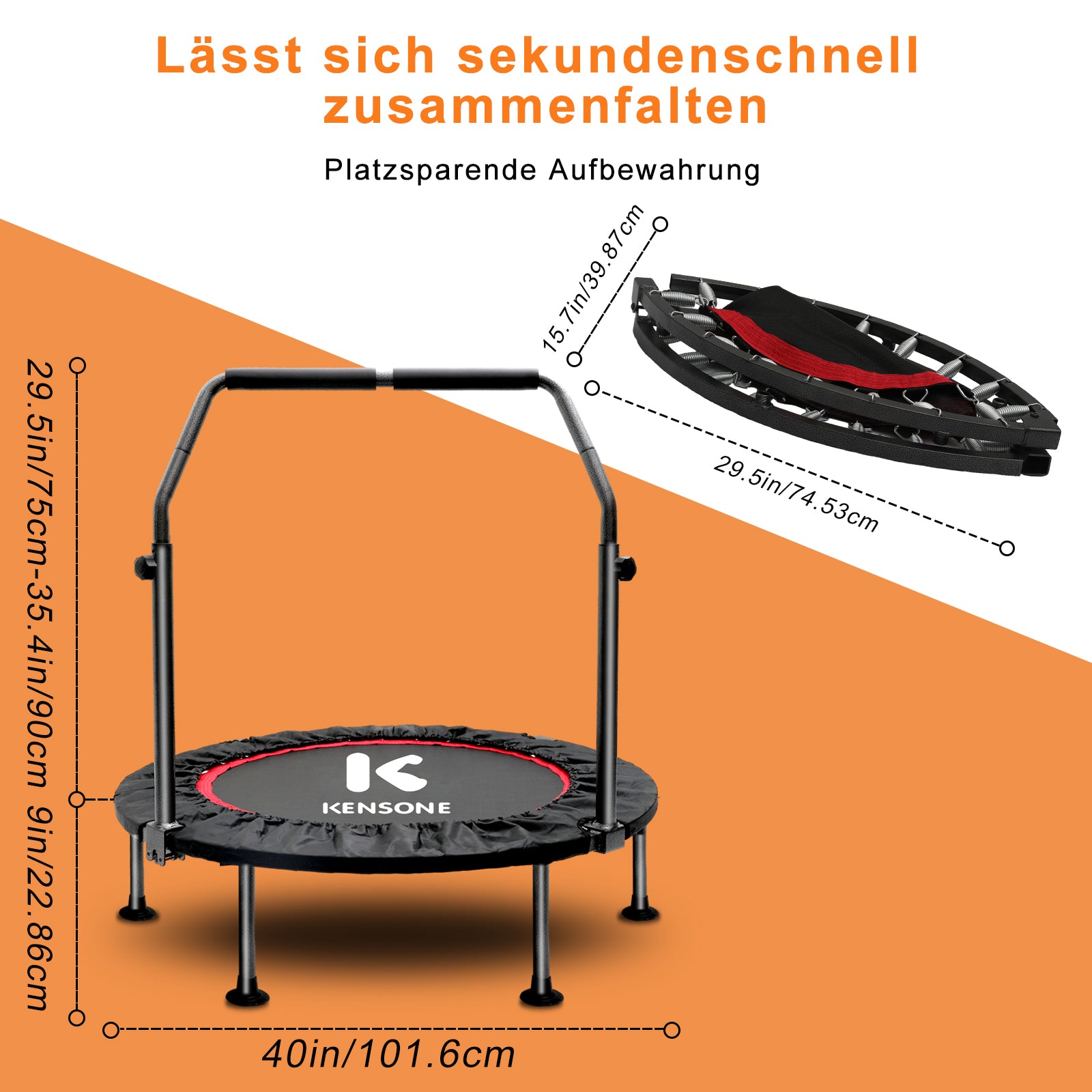 Foldable Mini Trampoline with Adjustable Handrail, 101.6 cm Fitness Trampoline